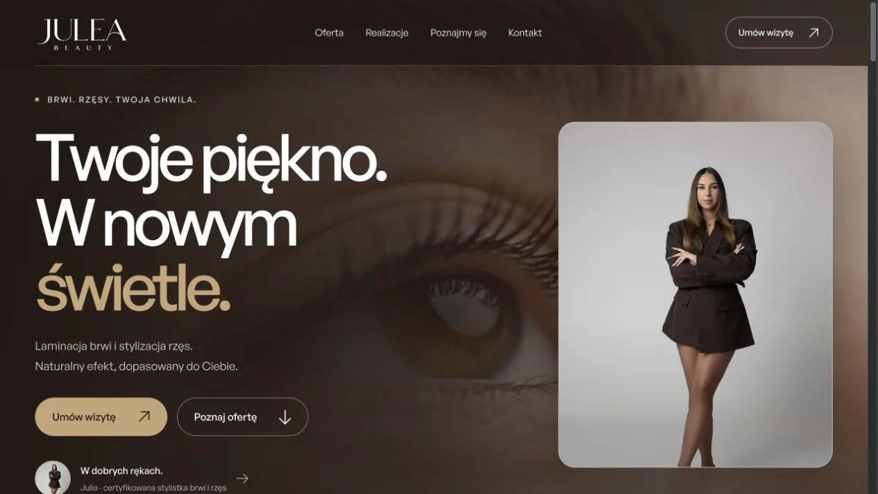 Zrzut strony Julea Beauty z ofertą laminacji i prezentacją właścicielki