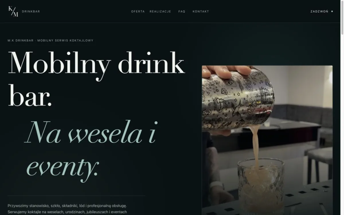 Zrzut strony M.K DrinkBar z ofertą mobilnego baru na wesela i eventy